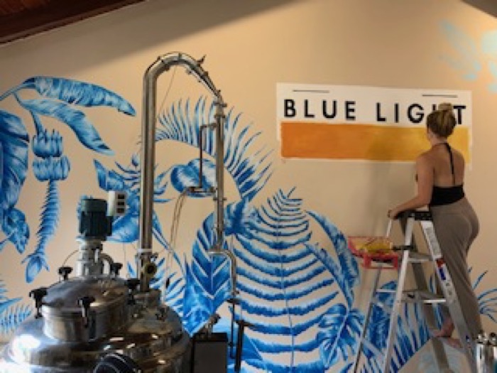 Painting the Blue Light Caribbean Gin logo mural