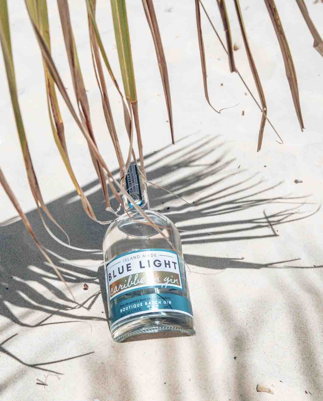 Blue Light Caribbean Gin under palm tree