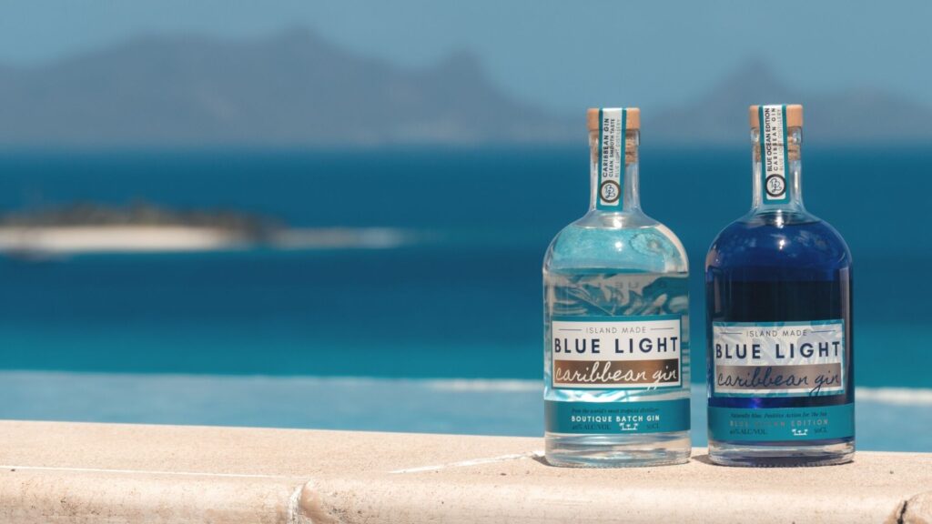 Blue Light Caribbean Gin bottles in the Caribbean Islands 
